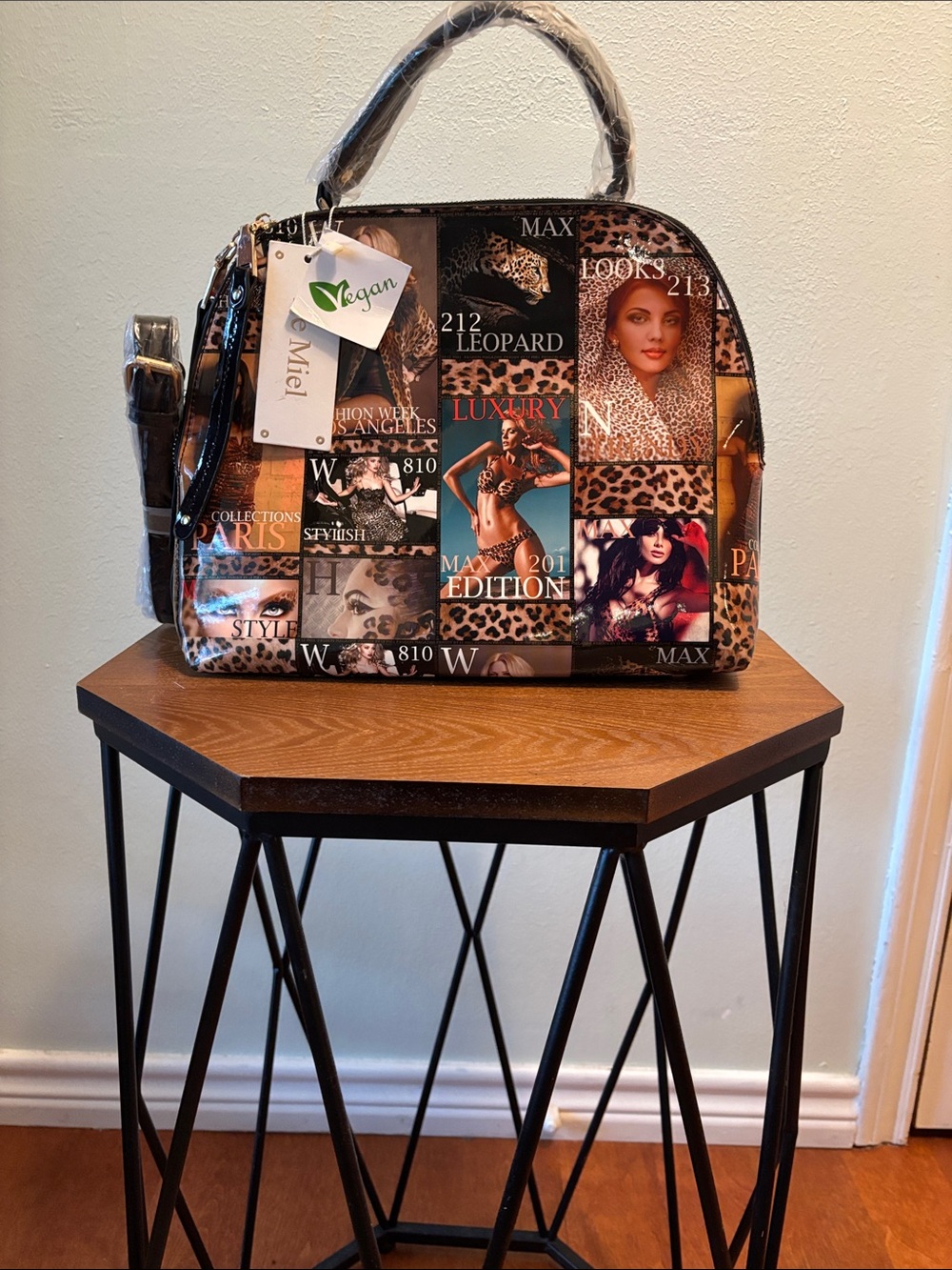Vegan Leopard Print Patchwork Satchel Handbag - Brown